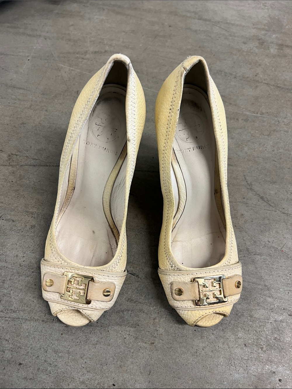 Tory Burch Cream Leather Peep-Toe Heels with Logo Plaque